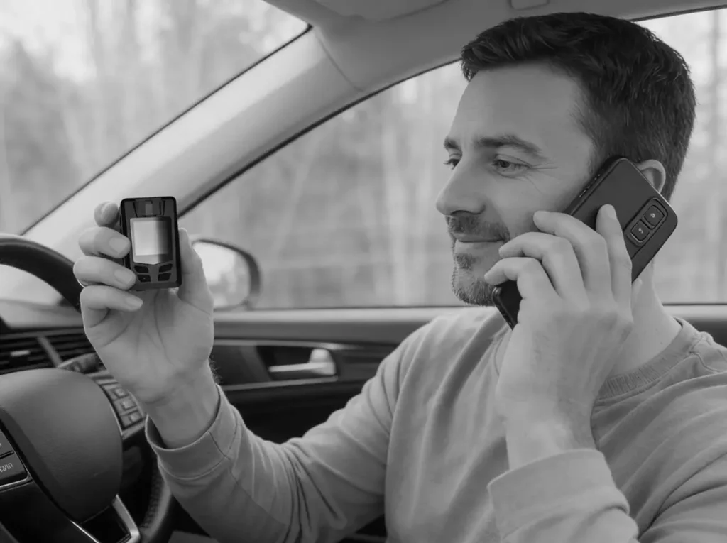 Experto instalando y revisando una cámara de vigilancia CarVig dentro de un coche