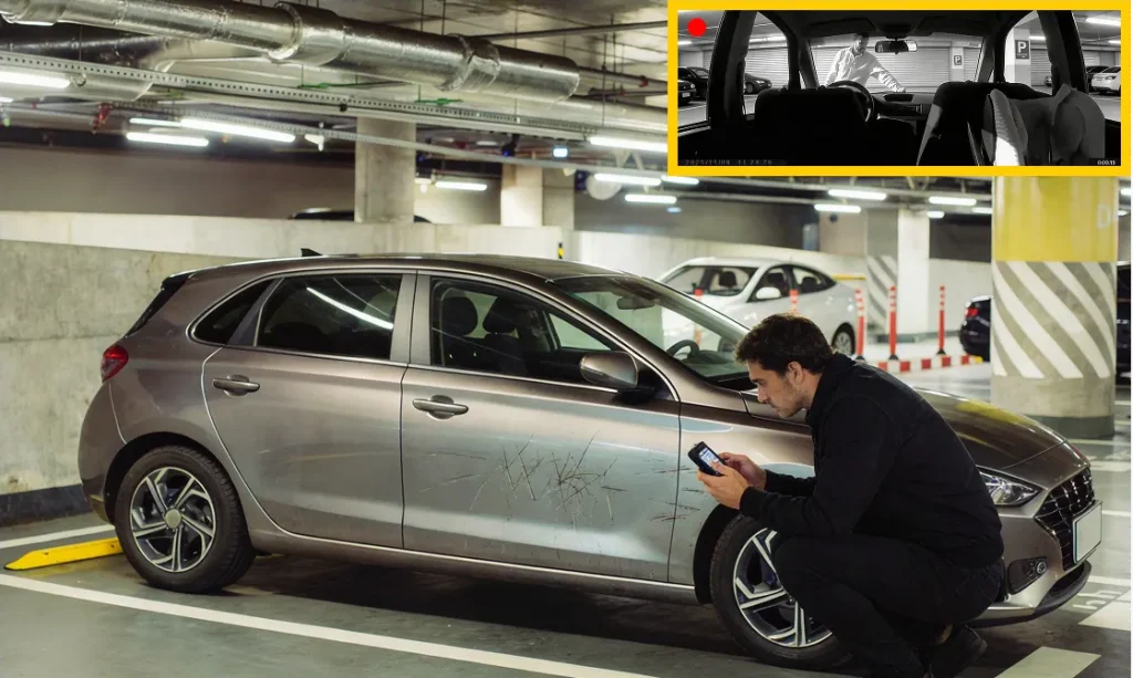 Experto revisando un coche en un garaje para obtener pruebas legales de vandalismo