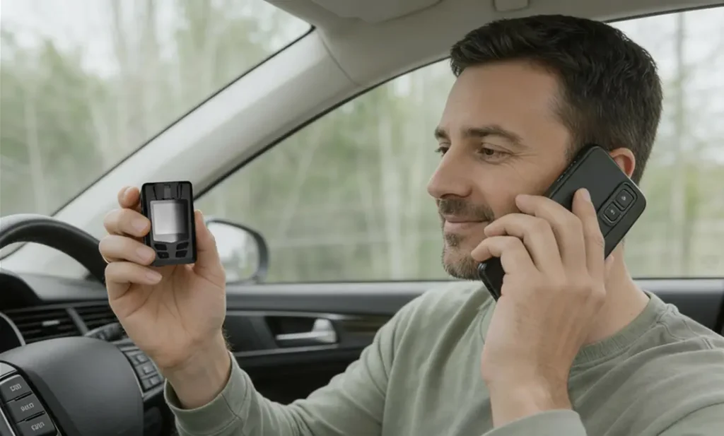 Experto instalando y revisando una cámara de vigilancia CarVig dentro de un coche